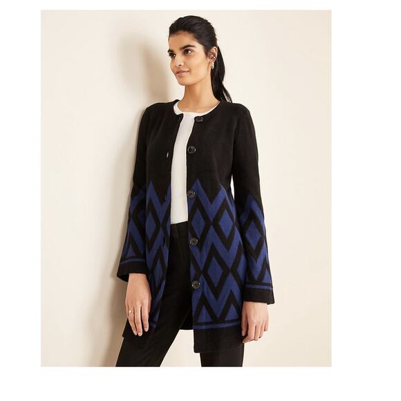 ANN TAYLOR Diamond Jacquard Long Plush Cardigan Coatigan in Navy Black - Picture 1 of 10